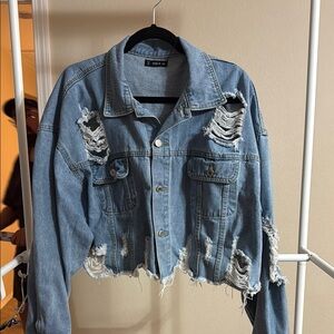 SHEIN Blue Cropped Jean Jacket with Distressed Design